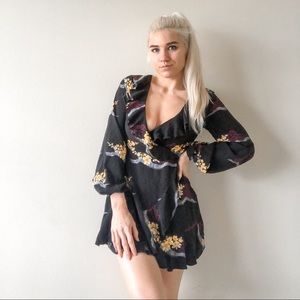 Black Puff Sleeve Floral Wrap Dress